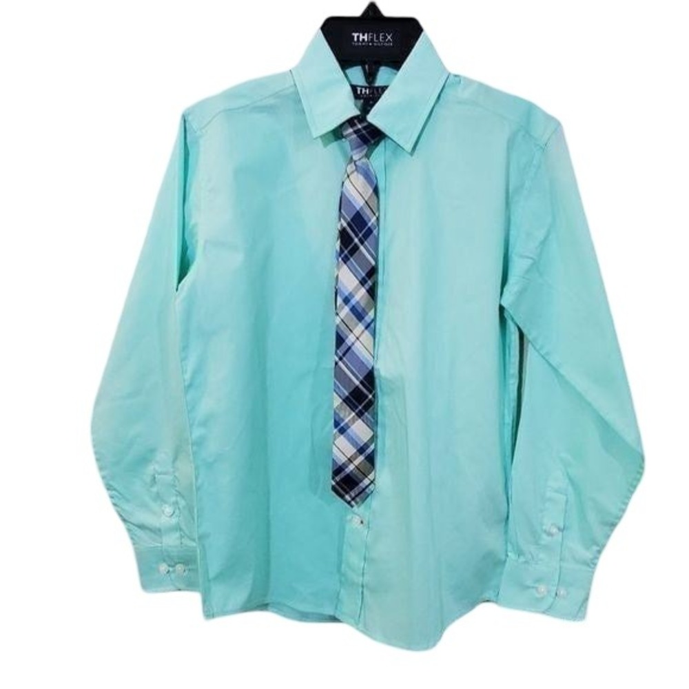 Tommy Hilfiger Boys Mint Green TH Flex Dress Shirt and Plaid Tie Set Size 10